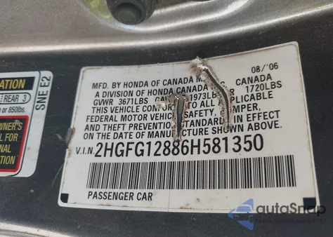 2006 Honda Civic Ex z USA, uszkodzony, nr VIN 2HGFG12886H581350